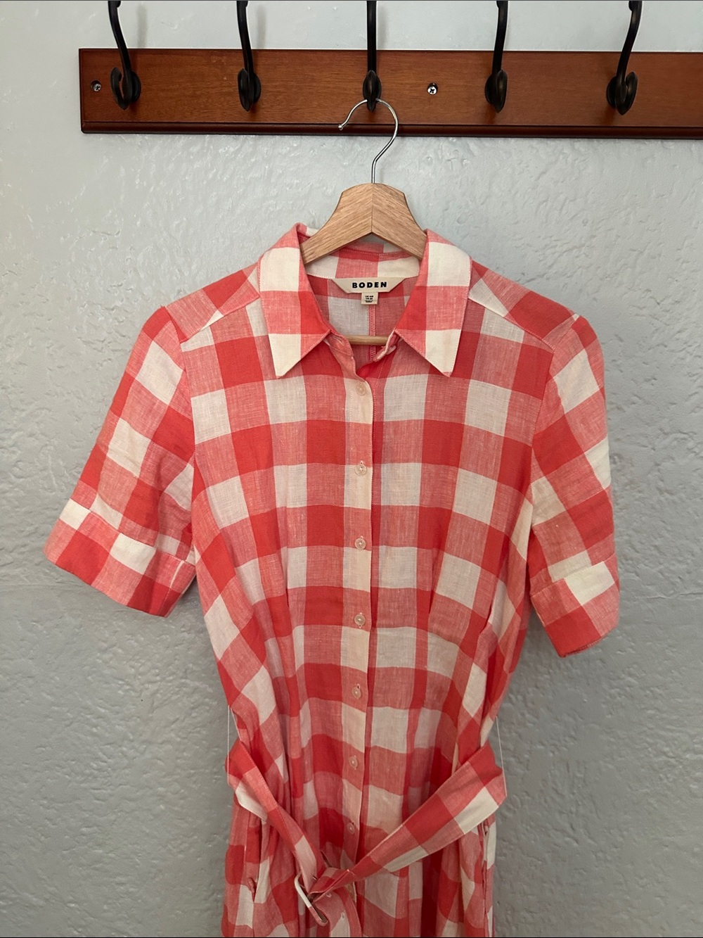 Boden Gingham Rose Red Louise 100% Linen Midi Shirt Dress - Picture 5 of 11